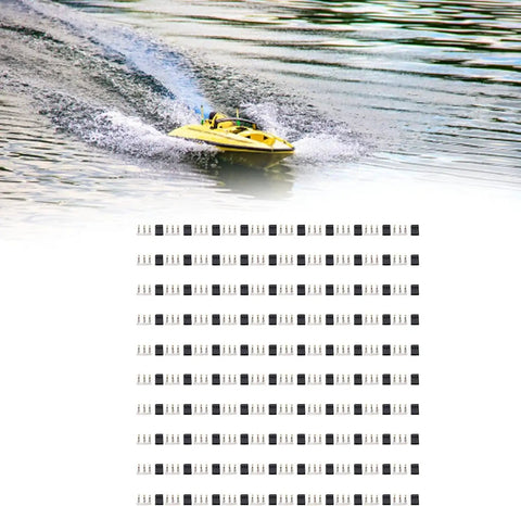 100 Sets Of 3 Pin Servo Connector Kit For Soldering To Receivers with a yellow RC boat in water above the connectors