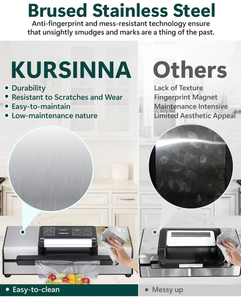 Comparison of KURSINNA heavy duty vacuum sealer machine vs. others, highlighting brushed stainless steel features.