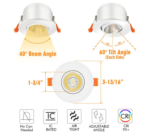 3 Inch 5CCT LED Eyeball Recessed Light Kit Dimmable Swivel Downlight With 2700K To 5000K Color Temp 8W Airtight ETL FCC Approved