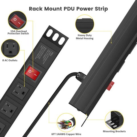 Eight Outlet Rack Mount Power Strip With Wide Spaced Sockets, 1U Server Rack Surge Protector, Heavy Duty 6 Ft Cord, ETL Listed
