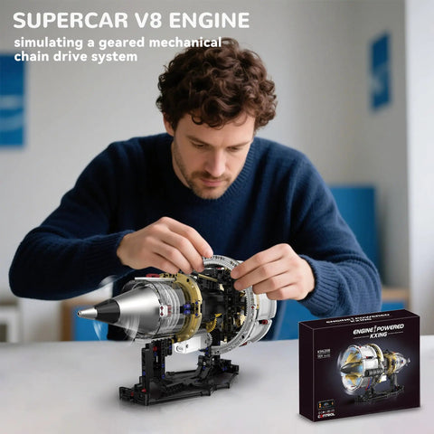 Man assembling Dope Aircraft Engine Building Kit That Actually Works For Adults With App Control Mini Turbojet Model Kit Technic
