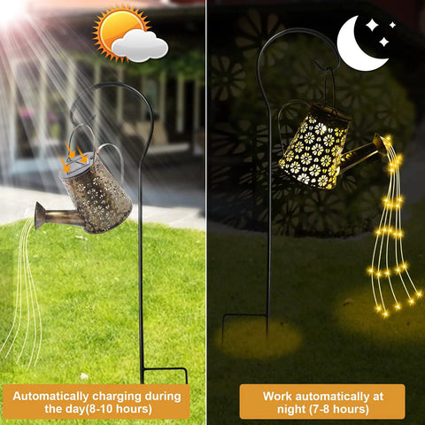 Day and night view of Solar Watering Can Fairy Lights Outdoor Garden Decor Waterproof Lawn Lamp with Star Shower Twinkling LED Lights
