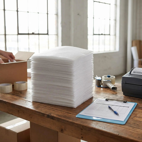 Stack of 200 Pack Foam Packing Pouches And Sheets Cushion Wrap 11.8x9.8 Inch Double Layer Protection For Moving on a table
