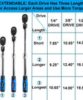 Extendable Ratchet Set Three Piece With Long Reach Handles And 72 Tooth Flex Head Quick Release Locking Ratchets For 1 Quarter Inch 3 Eighth Inch And 1 Half Inch Drives Built For Tight Spaces And Angled Work, size chart displayed.
