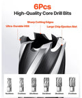 6 pieces of high-quality core drill bits with sharp HSS edges and large chip ejection slots for precision drilling.
