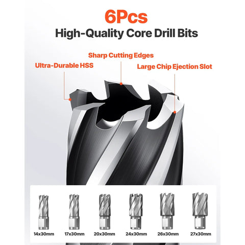 6 pieces of high-quality core drill bits with sharp HSS edges and large chip ejection slots for precision drilling.