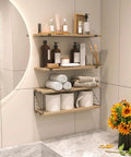 Wall Mounted Bathroom Over Toilet Storage Shelf Three Tier Light Brown Floating Rack offers storage for toiletries and towels.