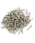 Heavy Duty Stainless Steel Screws 100 Pack M2.5 X 15mm Phillips Round Head Self Tapping Bolts scattered on white background.