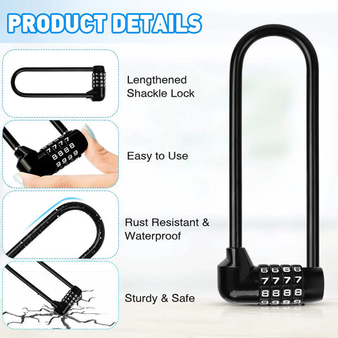 Beefy 4 Digit Padlock Set With 6.3 Inch Long Shackle Waterproof Resettable Code Lock showing features and usage details.