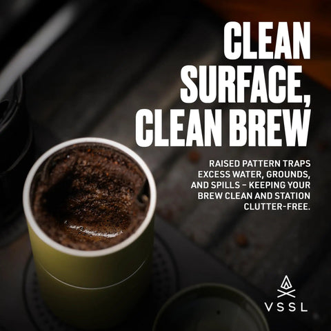 Rock Solid Silicone Tailgate Mat For Outdoor Coffee Brewing And Camper Kitchen Setup Non Slip Heat Resistant Food Grade Pour Over Station close-up of brewing coffee gear on mat