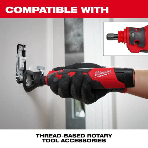 Pro Grade M12 Cordless Brushless Rotary Tool With Snappy Variable Speed Dial And 12 Precision Settings delivering precise cuts in wall.