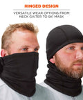 Winter Balaclava for Cold Weather Fire Resistant FR Compliant Meets ASTM F1506 and NFPA 2112 Arc Rated CAT 2 9.4 Cal Per Sq Cm ATPV Thermal Protection Hinged Design for Versatile Wear and Warmth Worksite Ready shown in versatile configurations from neck gaiter to ski mask, highlighting its hinged design for flexibility.