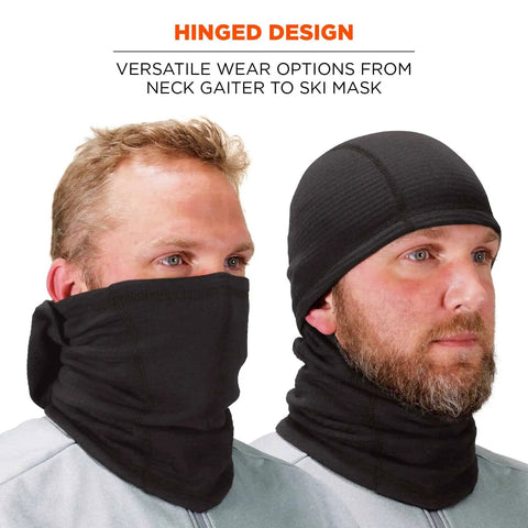 Winter Balaclava for Cold Weather Fire Resistant FR Compliant Meets ASTM F1506 and NFPA 2112 Arc Rated CAT 2 9.4 Cal Per Sq Cm ATPV Thermal Protection Hinged Design for Versatile Wear and Warmth Worksite Ready shown in versatile configurations from neck gaiter to ski mask, highlighting its hinged design for flexibility.