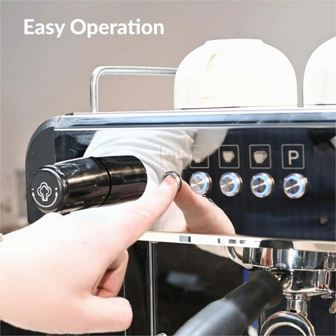 Commercial Grade Two Group Espresso Machine With 1.6 Gallon Boiler Rotary Pump Stainless Steel Finish Dual Group Heads Workhorse For Busy Cafes And Restaurants High Output Coffee Equipment, close-up of control panel.