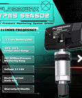 TPMS Sensor Set Of 4 For 315MHz Tire Pressure Monitoring System, Pre Programmed, OBD Relearn Required, Easy Install, High Quality Replacement Direct Fit, Vehicle Make Compatible, Weather Resistant Construction, Long Lasting Performance; 315MHz sensor close-up