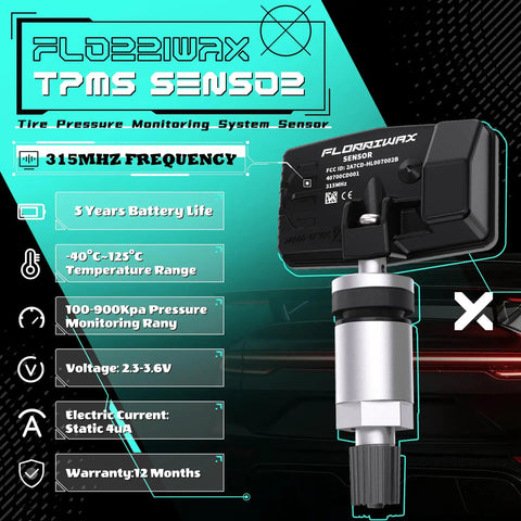 TPMS Sensor Set Of 4 For 315MHz Tire Pressure Monitoring System, Pre Programmed, OBD Relearn Required, Easy Install, High Quality Replacement Direct Fit, Vehicle Make Compatible, Weather Resistant Construction, Long Lasting Performance; 315MHz sensor close-up