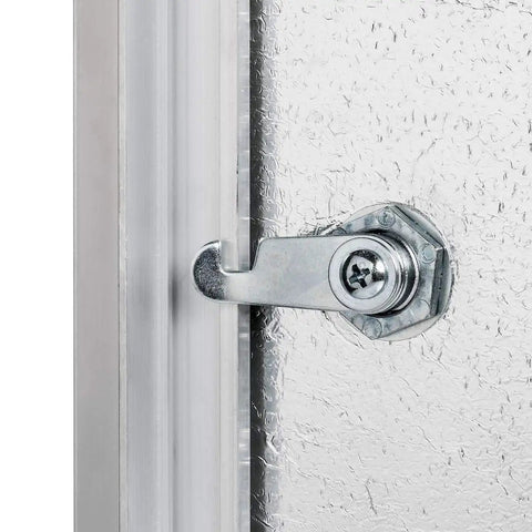 Heavy Duty Aluminum Insulated Access Panel 18 By 18 Inch Top Shelf with keyed latch close-up view of latch mechanism.