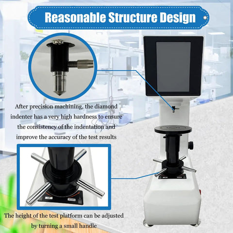 Kickass Digital Rockwell Hardness Tester With Slick Touchscreen Display And Pro Level Precision For Steel Plus Heat Treated Metals Easy AC110V Power - Close-up of diamond indenter and adjustable platform.