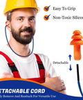Man wearing Corded Silicone Reusable Ear Plugs For Maximum Hearing Protection At The Gun Range And Everyday Noisy Jobs, showing detachable cord