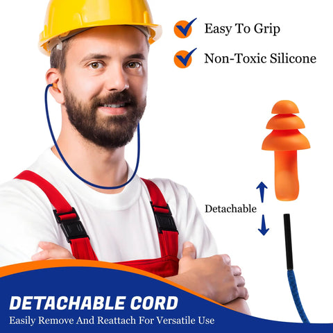 Man wearing Corded Silicone Reusable Ear Plugs For Maximum Hearing Protection At The Gun Range And Everyday Noisy Jobs, showing detachable cord