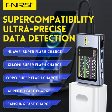 All In One USB Power Tester And Multimeter With App, 4-28V, 7A, LCD Display, testing various fast charge protocols.