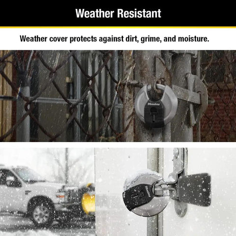 Beefed Up Stainless Steel Discus Lock With Tough Cut Boron Carbide Shackle in snowy weather on gate and trailer