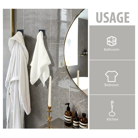 Adhesive Towel Hooks Set Waterproof Shower Wall Mount Matte Black Stainless Steel Durable Hooks With Extra Adhesive Strips Easy No Drill Bathroom Organization Four Pack