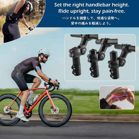Image showing a cyclist using a bike stem riser and handlebar extender with aluminum alloy head up adapter for MTB and BMX.