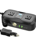 Tough Car Power Inverter Converts 12V DC To 110V AC Featuring USB C And USB A Fast Charging Ports Fits Standard Cup Holders.