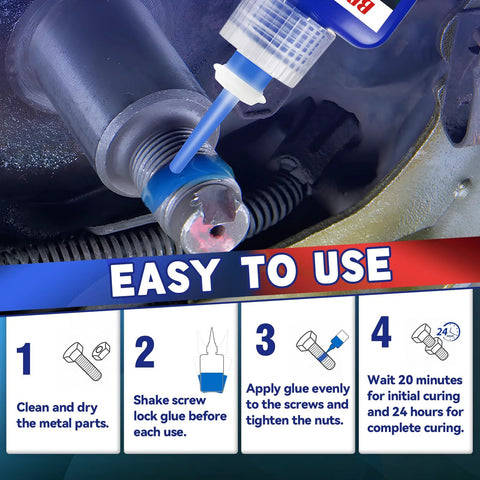 Application of blue and red high-strength thread locker on bolt for secure fastening