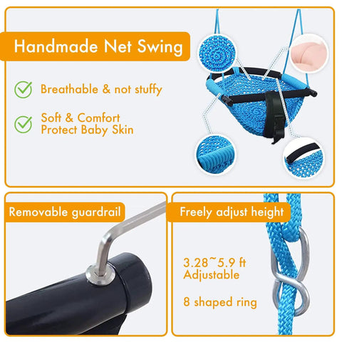 Indoor Outdoor Handmade DIY Net Swing For Kids With Adjustable Rope Versatile Backyard Playground Swing For Tree Garden Park Door Frame Easy Setup Blue Safe Durable with removable guardrail and adjustable height.