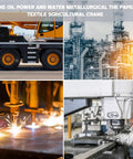 Collage of industrial machinery including cranes and metal cutting in a factory setting.
