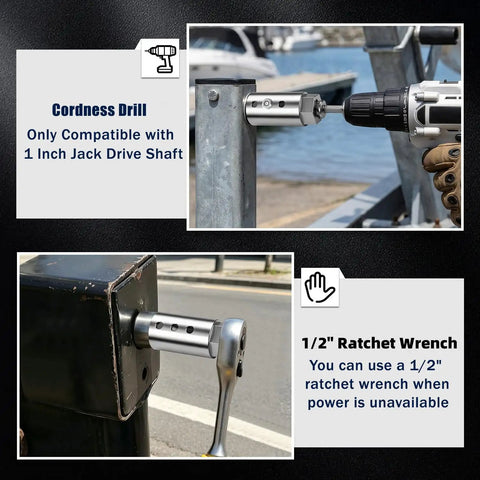 Heavy Duty Trailer Jack Drill Adapter Kit For One Inch Jack Drive Shafts With Dual Half Inch Socket Bits in use with drill.