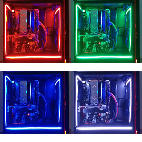 Neon PC RGB LED Strip Kit with 48 LEDs on two 15.7 inch strips illuminating PC case in red, green, blue, and white colors.