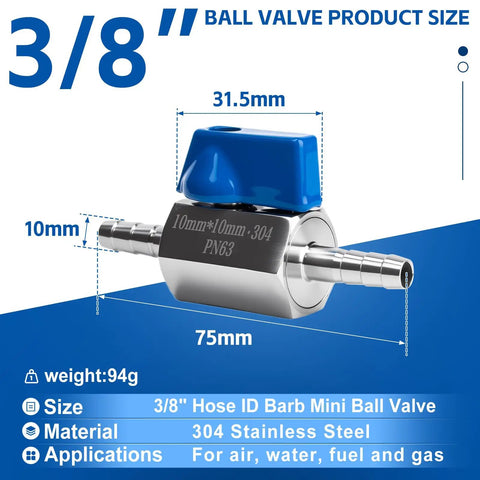 2 Pack Three Eighths Inch Hose Barb Mini Ball Valve Set In 304 Stainless Steel, Built To Last Workhorse Shutoff Valves With Clamps For Water Oil Gas And Chemical Use, Leak Proof Durable Pro Grade Plumbing