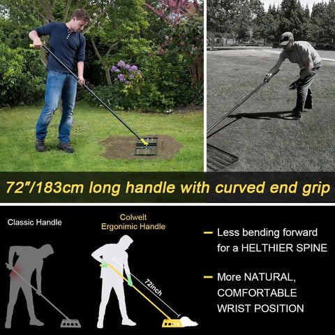Heavy Duty Lawn Leveling Rake With 72 Inch Long Handle And 31 Inch Head Smooths Uneven Grass Fills Holes Level Soil Ergonomic Curved End Grip Yard Tool For Quick Lawn Care used on grass