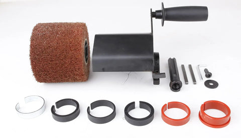 Heavy Duty Synthetic Fiber Abrasive Brush Drum For Grinding Machines Rust Removal Satin Finish On Unpainted Metals Flat Metal And Wood Surfaces Wire Drawing Attachment 120x100mm with kit components