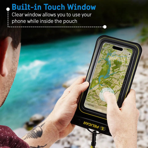 Person using a phone through a Two Pack Marine Waterproof Phone Pouches With IP68 Floating Design Regular Size Black And Hi-Vis Yellow by a river.