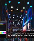 Outdoor Smart String Lights With App Control, 50 Feet Waterproof RGB G40 LED Bulbs illuminating a vibrant street scene.