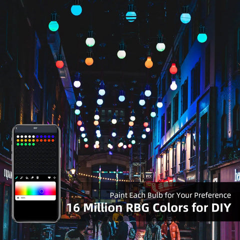 Outdoor Smart String Lights With App Control, 50 Feet Waterproof RGB G40 LED Bulbs illuminating a vibrant street scene.