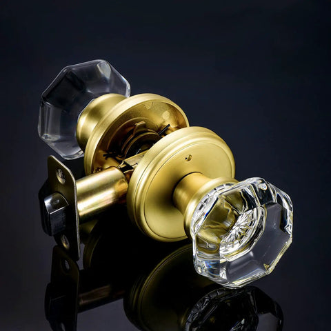 Octagon Crystal Glass Door Knob With Privacy Lock For Interior Doors Satin Brass Finish Inside Thumb Button Lock With Emergency Allen Key Release Ideal For Bathroom And Bedroom Privacy