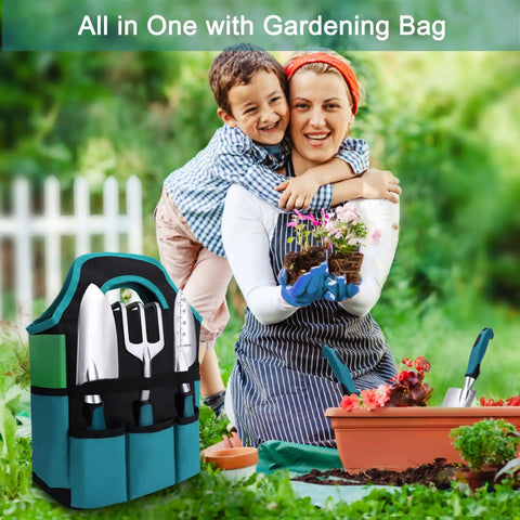 All In One Garden Tool Set For Every Yard Task With Rust Resistant Shovel And Trowel, woman gardening with child outdoors