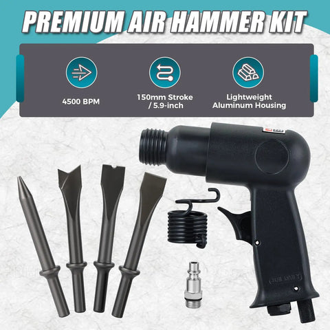 4500 BPM Air Hammer Kit with 150mm Stroke, 4-Piece Air Chisel and Scraper Set displayed on textured background