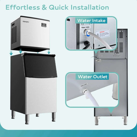 Heavy-Duty Industrial Ice Maker Machine With 450 Lbs Per 24 Hours Output And 250 Lbs Storage Bin ETL Certified Stainless Steel Clear Ice Maker For Bar Cafe Restaurant showing installation of water intake and outlet