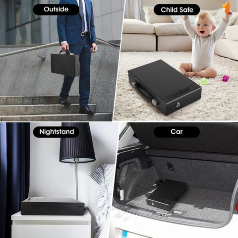 Portable Fingerprint Gun Safe For Handgun With Three Quick Access Methods Including Fingerprint Digital PIN And Physical Key No Hassle Carry Handle Design For Easy Transport At Bedside Cabinets Wardrobes And Car Safes