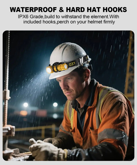 Worker in rain wearing Rechargeable LED Headlamp For Adults With Red Light Hard Hat Compatible 180 Degree Tilt 7 Modes Gold