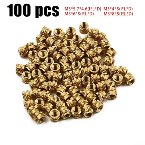 100 Pieces M3 Brass Knurled Threaded Insert Nuts For 3D Printing Heat Set Inserts With Huge Pulling Power Self Clinching Internal Thread Nuts For Injection Molding PCBs displayed in a pile