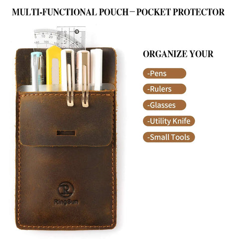 Mens Pocket Protector Full Grain Leather Heavy Duty Pen Holder For Shirts And Lab Coats Holds Six Pens Pointers And Cards
