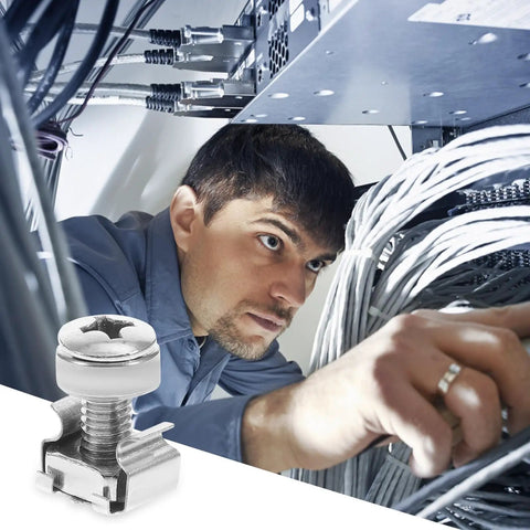 Technician installing 16 Sets M6 Cage Nut And Rack Mount Screws Kit With Cage Nuts For Server Racks And Cabinets in data center