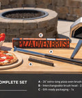 26 Inch Pizza Oven Brush With Stone Scraper Set Includes Two Brush Heads Heat Resistant Stainless Steel Bristles Long Grip Handle displayed with pizza and packaging.